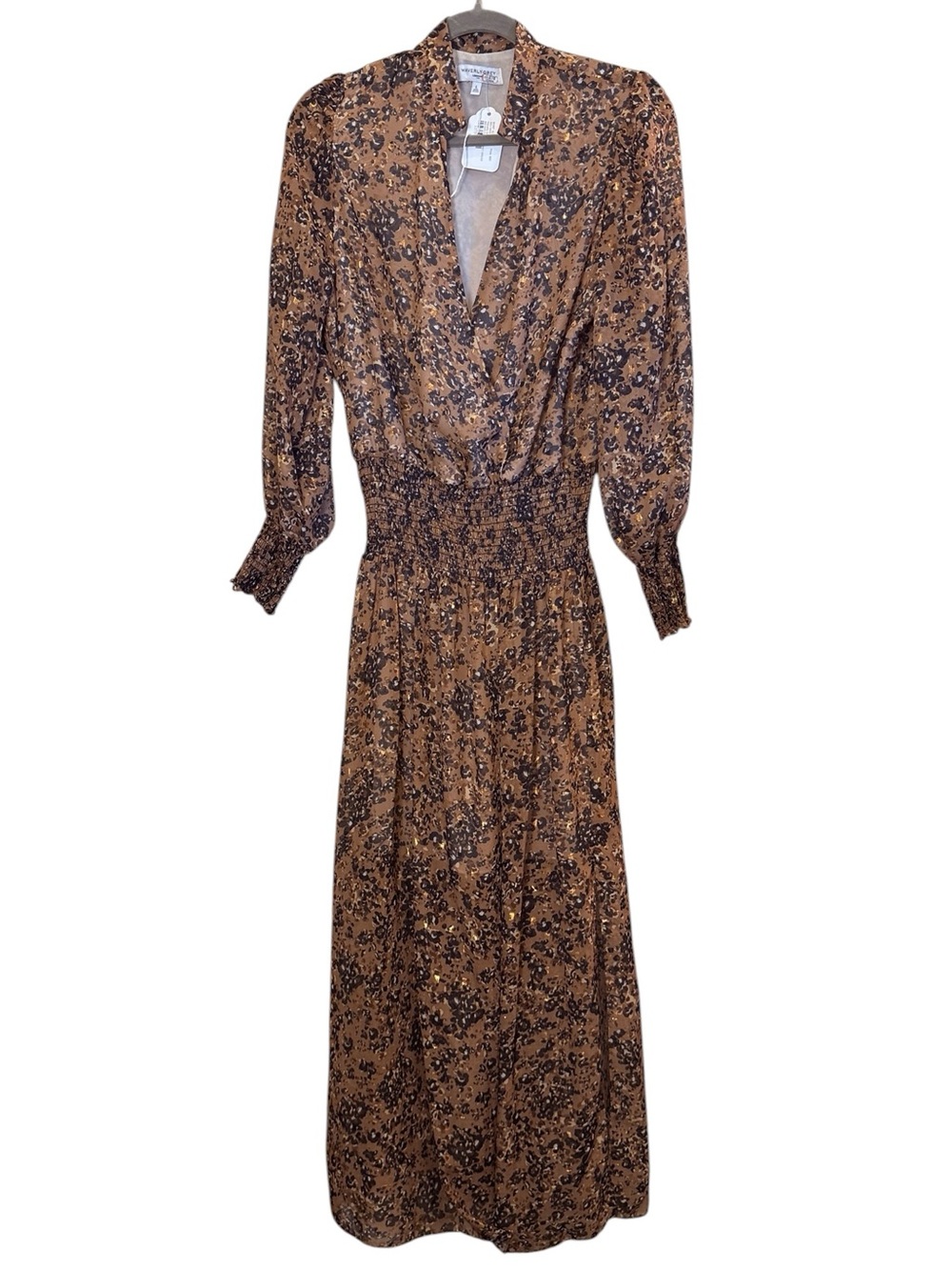 Waverly Grey Brynlee Brown Gold Ditzy Artsy Abstract Faux Wrap Maxi Dress sz L